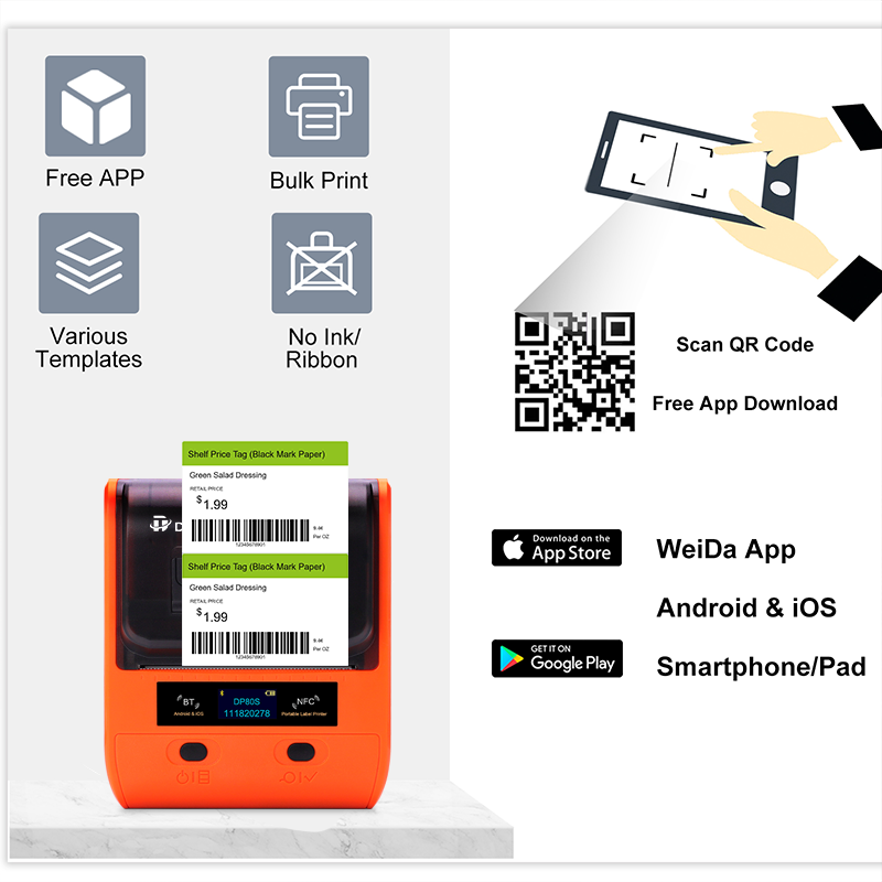 DP80S 30-80mm Mini Portable Thermal Printer 3 Rolls Multifunctional Barcode Label Sticker Maker BT Android / iOS