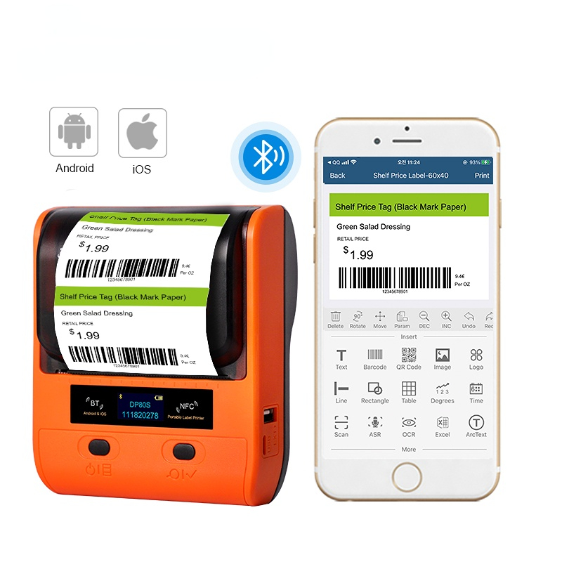 DP80S 30-80mm Mini Portable Thermal Printer 3 Rolls Multifunctional Barcode Label Sticker Maker BT Android / iOS