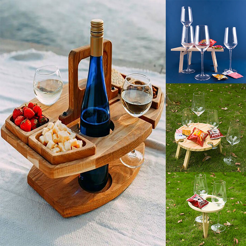 Portable Wooden Picnic Table Carry Handle Outdoor Folding Wine Table Removable Wine Glass Holder Folding Table Fruit Snack Tray