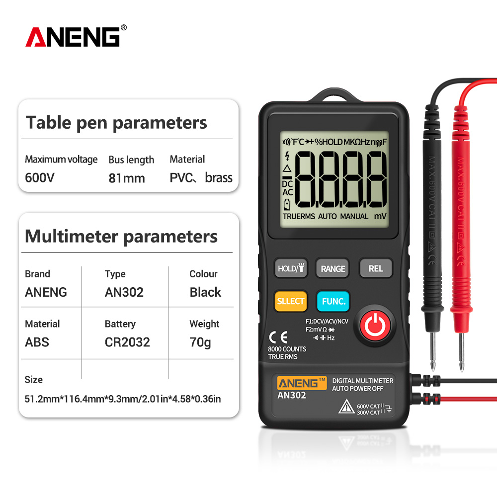 ANENG AN302 Profesional Digital Multimeter 7999 Display DC/AC Voltmeter Tester Capacitance Diode NCV Ohm Resistance Hz Test