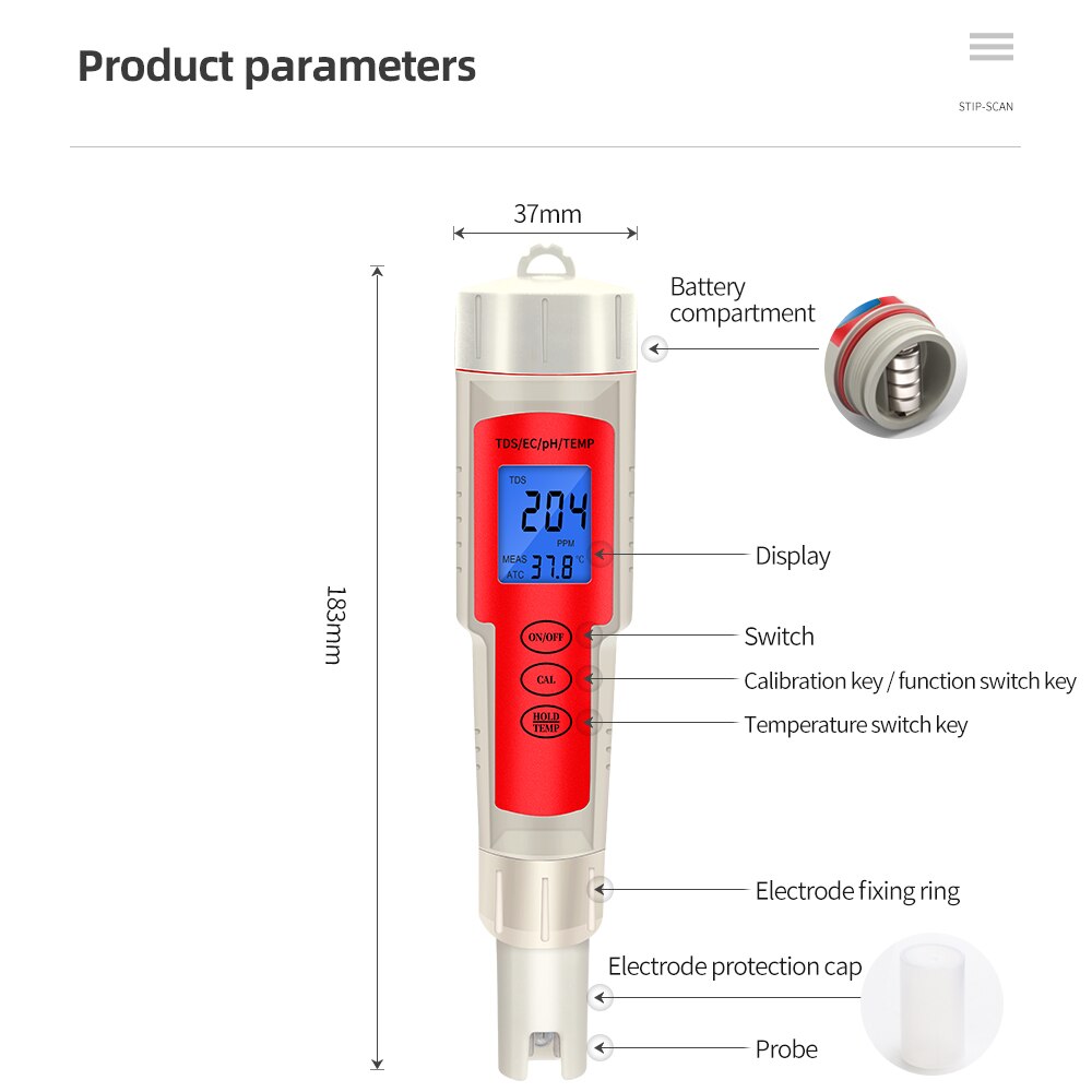 Professional 4 in 1 PH/TDS/EC/Temperature Meter Digital Water Quality Monitor Tester for Pools, Drinking Water, Aquariums