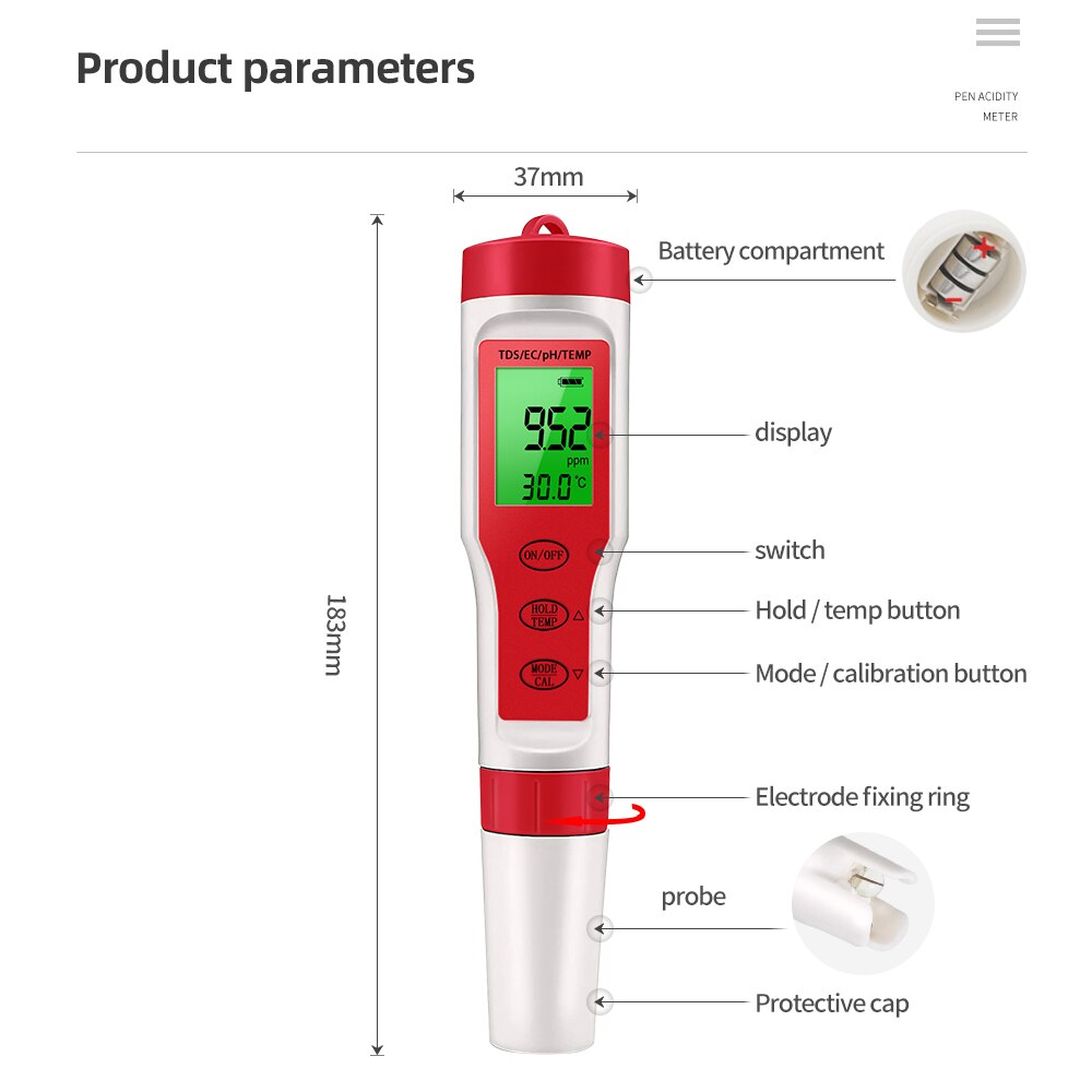 Professional 4 in 1 PH/TDS/EC/Temperature Meter Digital Water Quality Monitor Tester for Pools, Drinking Water, Aquariums