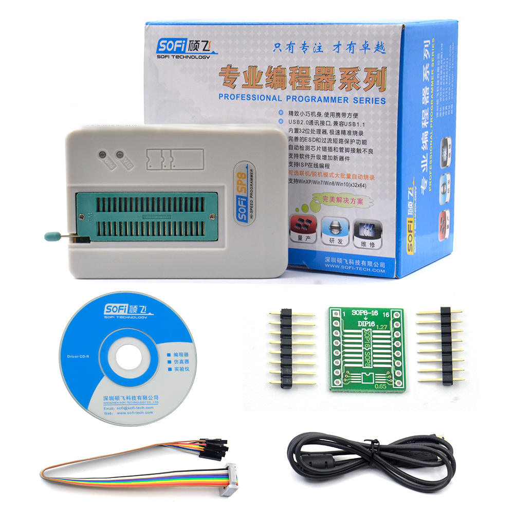 Professional High Speed USB Programmer SOFI SP8-A  EEPROM BIOS FLASH ISP 40 Pins Adapter 24 25 93 for Over 4000 IC Chips