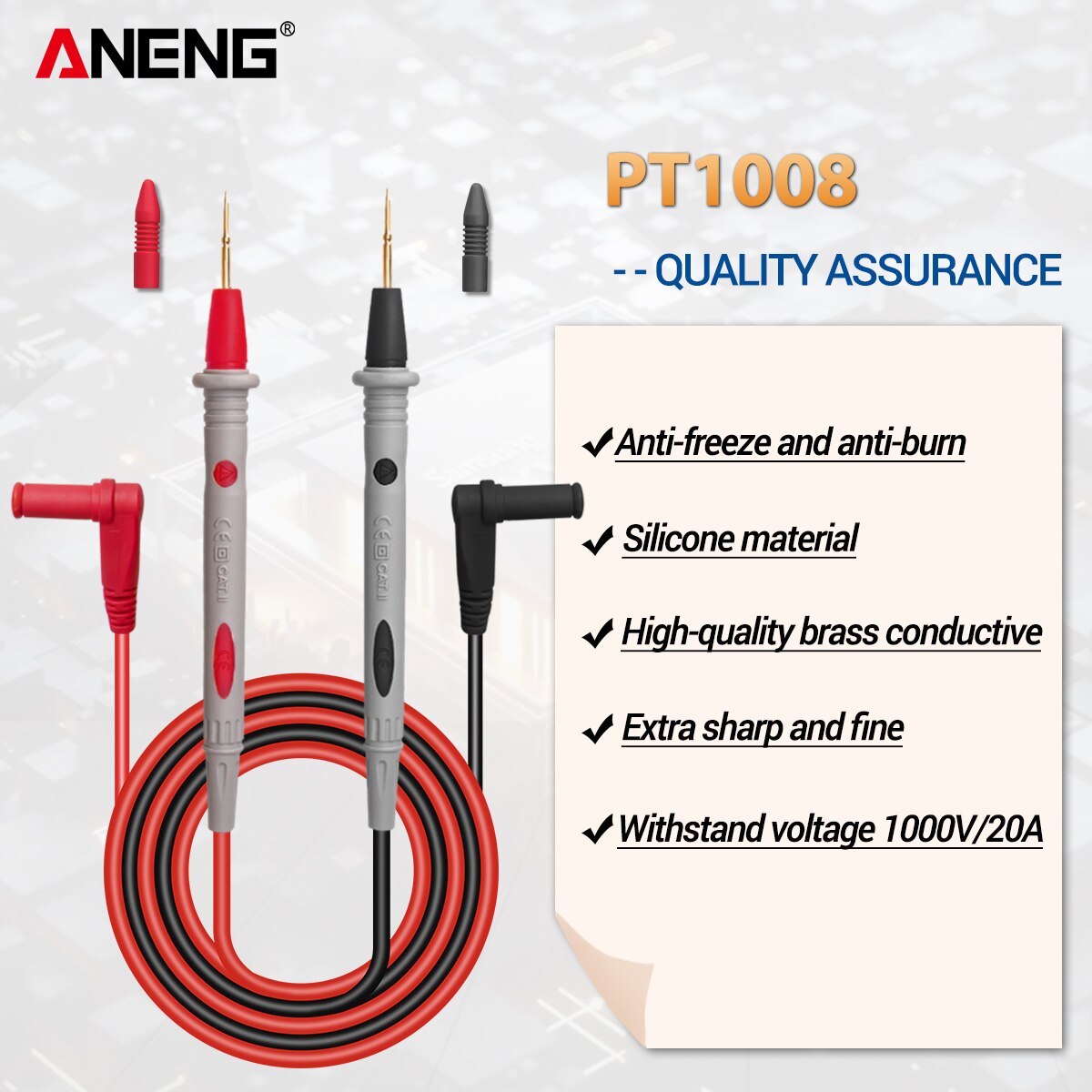 PT1008 20A 1000V Silicon Rubber Wire Retardant Gilded Sharp Needle Probe Digital Multimeter Test