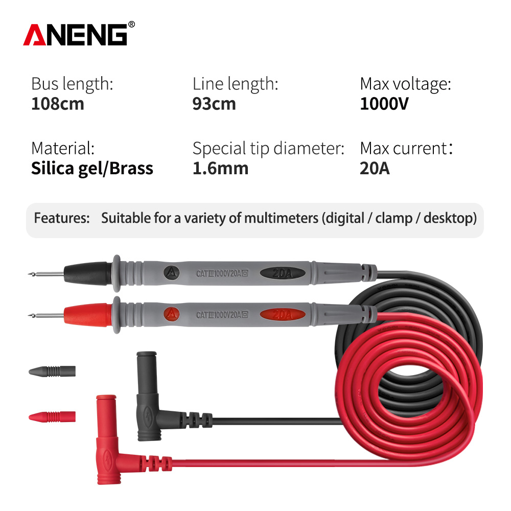 ANENG PT1033 Silicone Multimeter Test Lead + Crocodile Test Clip 1000V Flame Retardant Needle Probe