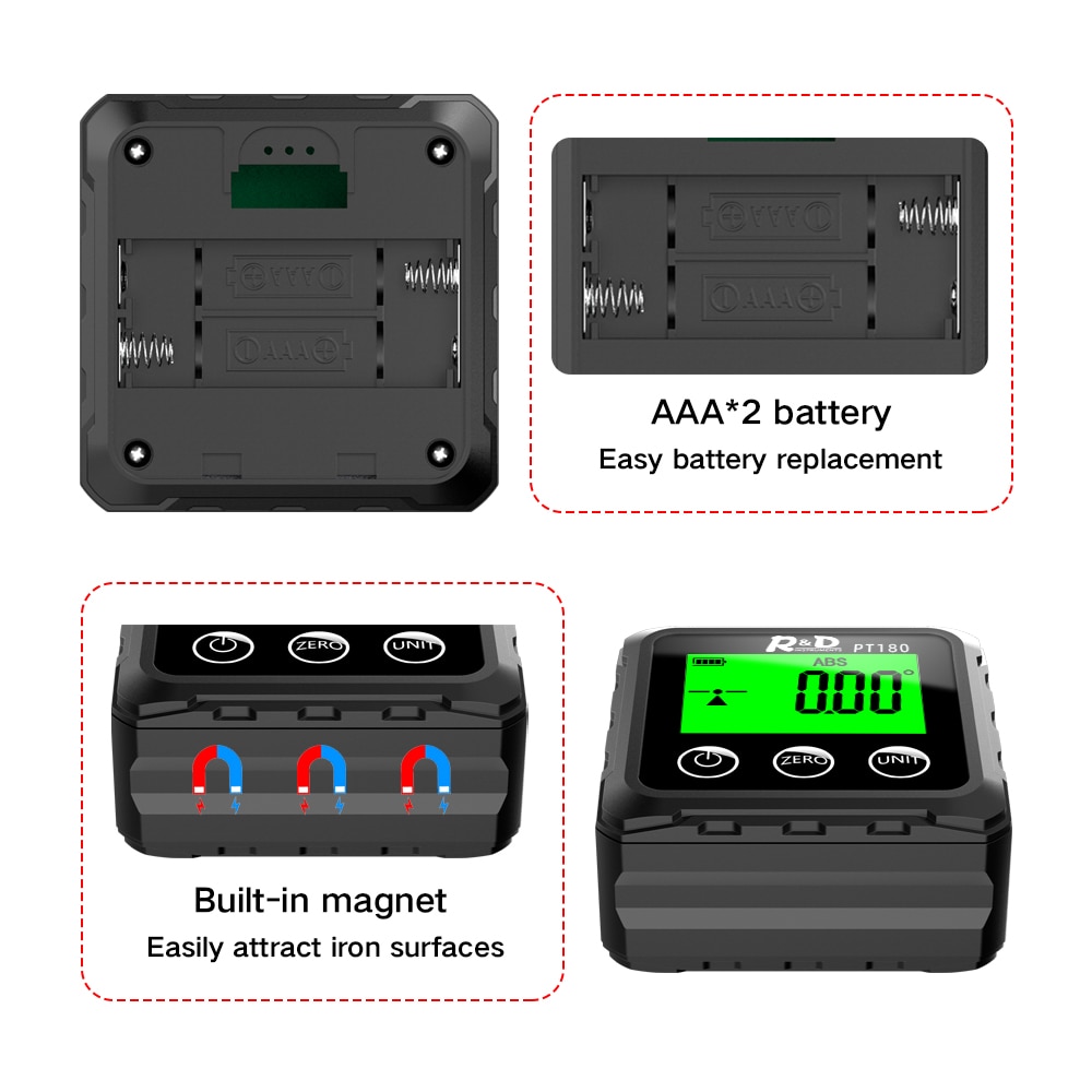 PT180 Angle Protractor Universal Level Box 360 Degree Mini Digital Protractor Inclinometer Tester Measuring Tools