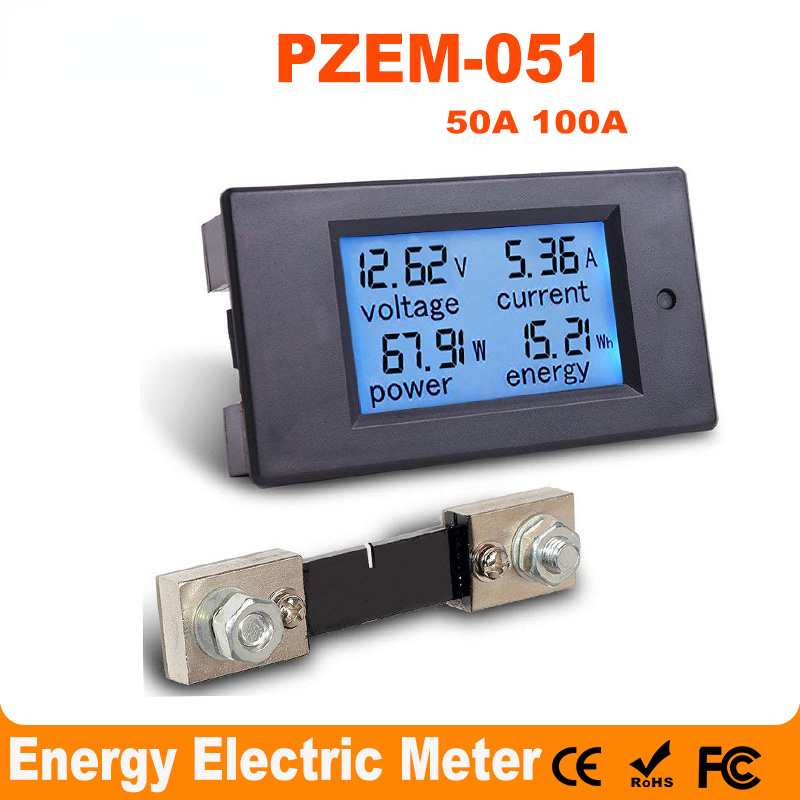 PZEM-051 DC Digital Ammeter Voltmeter 6.5-100V 4 IN1 LCD Motorcycle Voltage Current Power Energy Monitor With 50A/100A Shunt