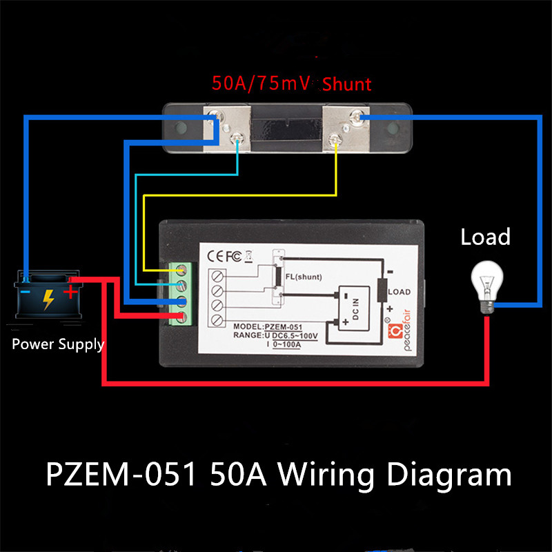 PZEM-051 DC Digital Ammeter Voltmeter 6.5-100V 4 IN1 LCD Motorcycle Voltage Current Power Energy Monitor With 50A/100A Shunt