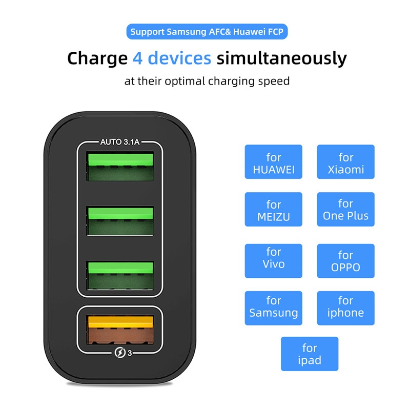 Quick Charge 3.0 Phone Charger 4 Port USB QC 3.0 Fast charger For iPhone 11 Xr Xiaomi Huawei Wall Travel Charger Adapter