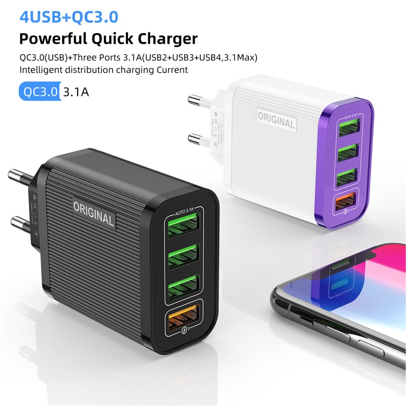 Quick Charge 3.0 Phone Charger 4 Port USB QC 3.0 Fast charger For iPhone 11 Xr Xiaomi Huawei Wall Travel Charger Adapter