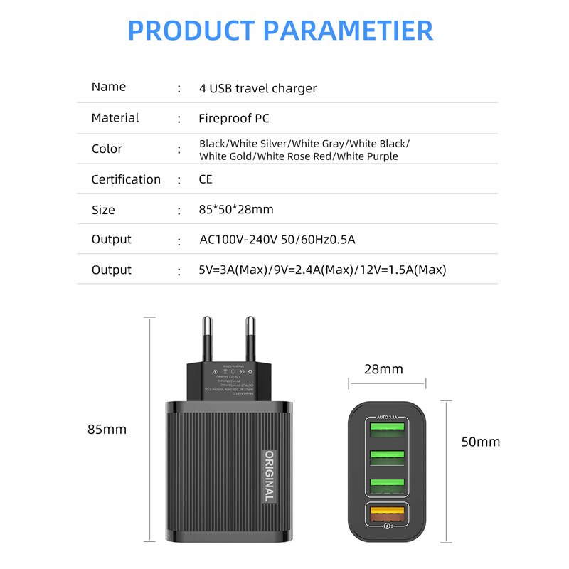 Quick Charge 3.0 Phone Charger 4 Port USB QC 3.0 Fast charger For iPhone 11 Xr Xiaomi Huawei Wall Travel Charger Adapter