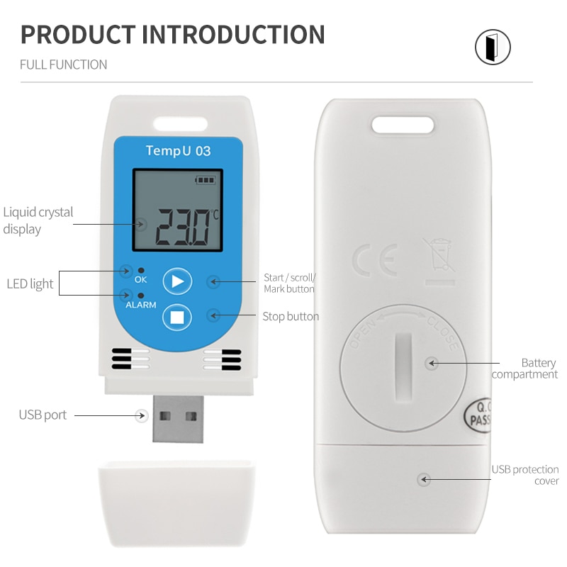 TempU 03 USB Temp & Humidity Data Logger Reusable RH TEMP Data Logger Recorder Humiture Recording Meter with 32,000 Capacity