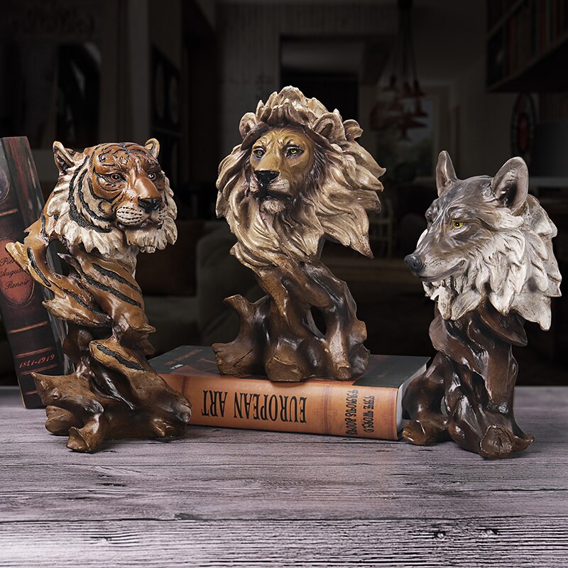 Home Decoration Horse Lion Tiger Wolf Eagle Resin Statue Art Crafts Creative Imitation Wood Root Animals Head Sculpture Gift