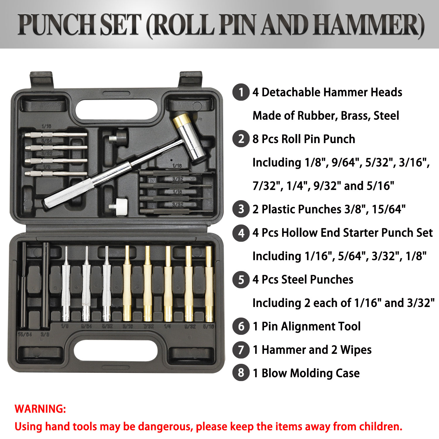 Roll Pin Punch Set, Made of Solid Material Including Steel Punch with Hammer for Gunsmiths, Jewelry and Watch Repair