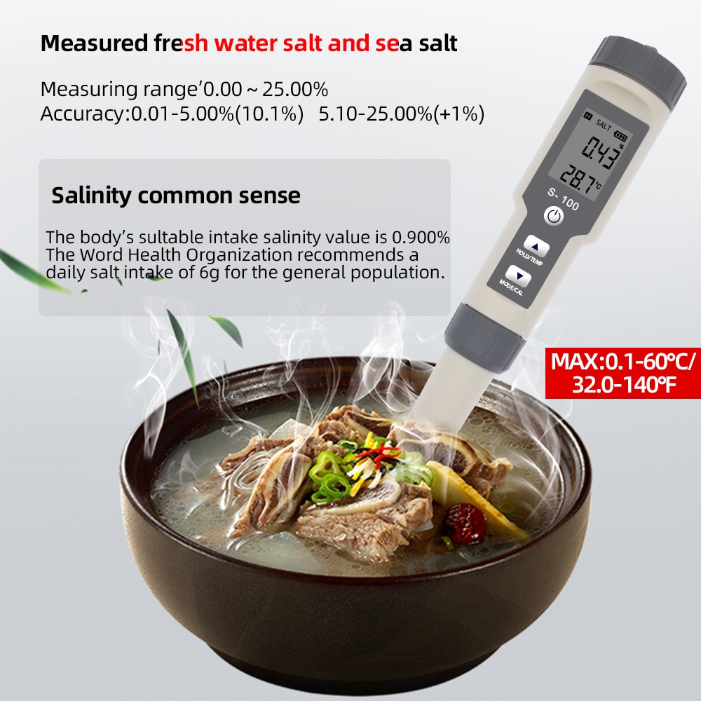 S-100 Salinometer Waterproof Salt Meter Digital Display Portable Salt TDS Tester Pool SPA Salinity Tester