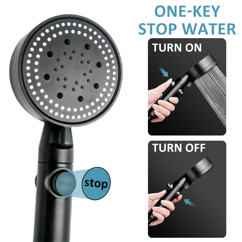 Shower Head Water Saving Black 5 Mode Adjustable High Pressure Shower One-key Stop Water Massage Eco Shower Bathroom Accessories