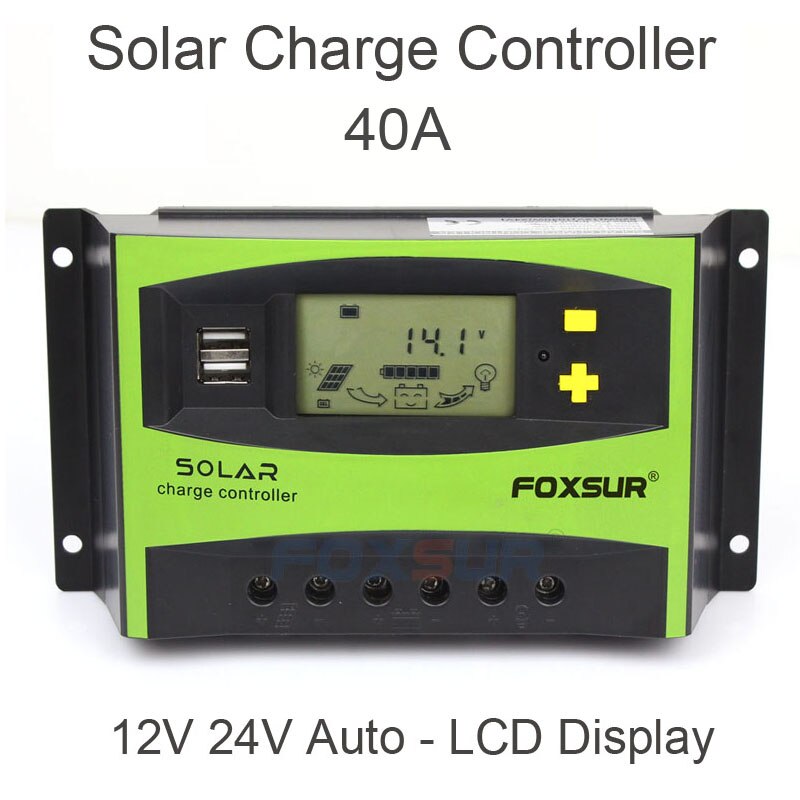 Solar Charge Controller 40A PWM 12V 24V Auto LCD Solar Panel Charge Discharge Regulator with 5V USB, Parameter Adjustable