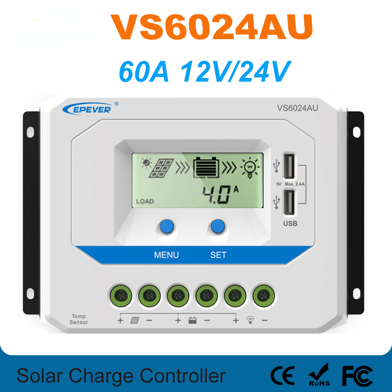 60A Solar Charger Controller 12V 24V Auto VS6024AU PWM Charge Controller with Built in LCD Display and Double USB 5V Port EPsolar