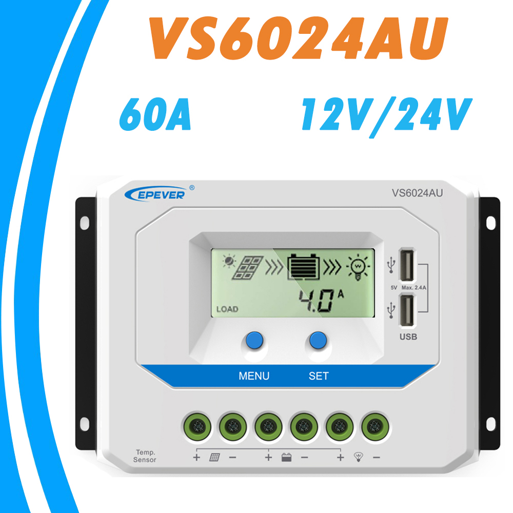 60A Solar Charger Controller 12V 24V Auto VS6024AU PWM Charge Controller with Built in LCD Display and Double USB 5V Port EPsolar