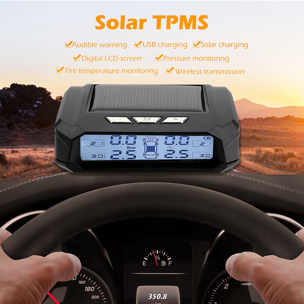 Solar TPMS Tire Pressure Monitoring System Temperature Warning Fuel Save With 4 External Sensors Car Tyre Pressure Monitor