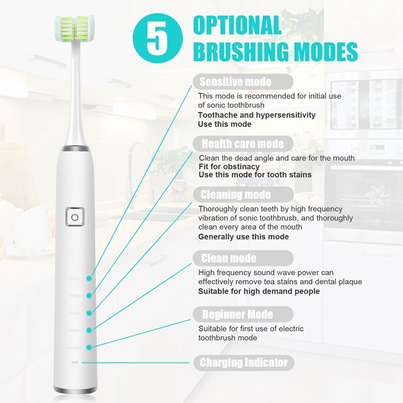 Adult Rechargeable Sonic Electric Toothbrush With 3X Replacement Heads And Portable Toothbrush With Timing Function