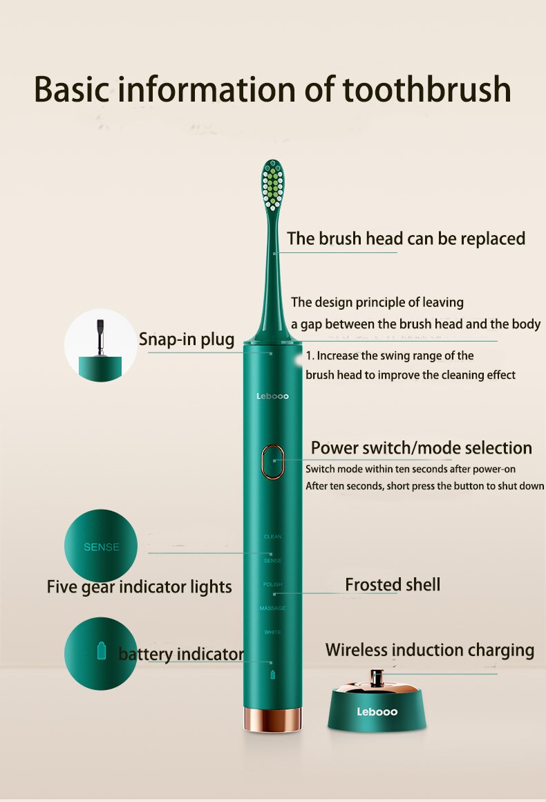 Sonic Electric Toothbrush Cordless USB Rechargeable Toothbrush Waterproof Ultrasonic Automatic Tooth Brush