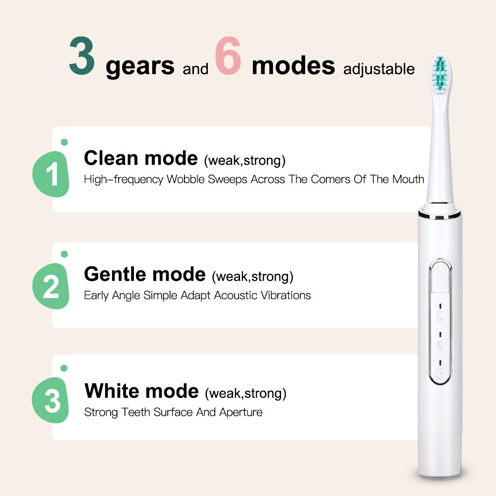 3 Modes Sonic Electric Toothbrush Toothbrush and Cleansing Heads 2 Minutes Timer Wirekless USB Charging 3 Color Optional