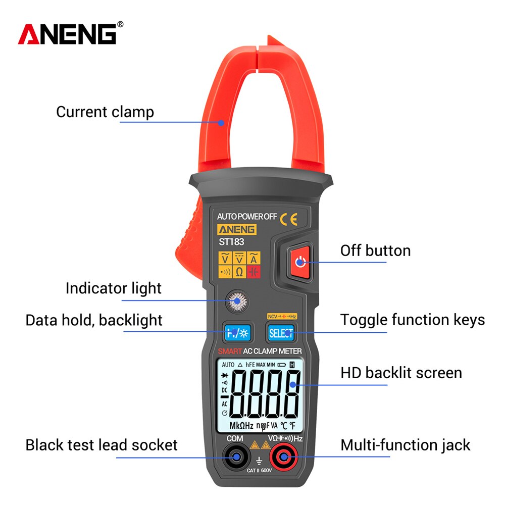 ANENG ST181 ST182 ST183 Digital Clamp Meter AC Current Multimeter DC/AC Voltage Ammeter Voltage Tester Amp Hz Capacitance NCV Ohm Test