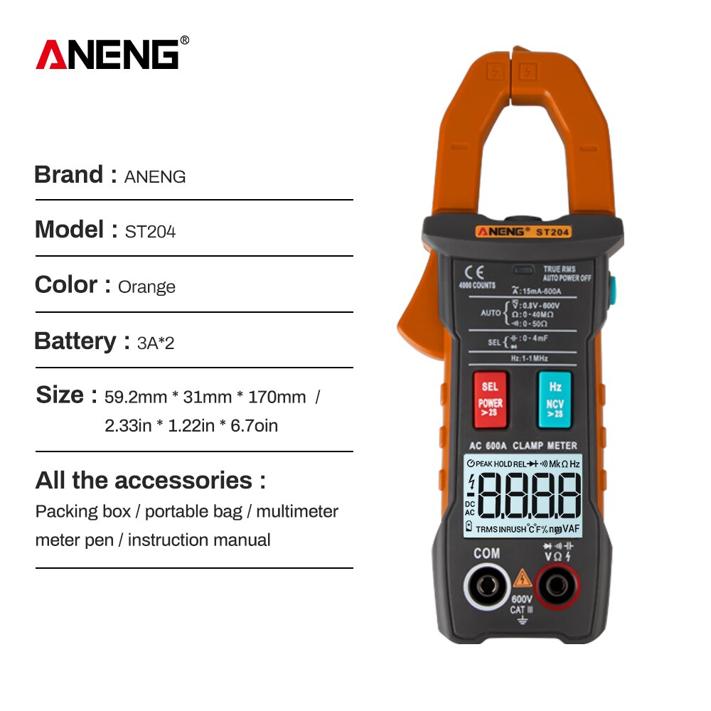 ANENG ST204 Clamp Meter 4000 Counts AUTO Digital DC/AC Current Voltage Tester Analog Multimeter True Rms Pinza Amperimetrica