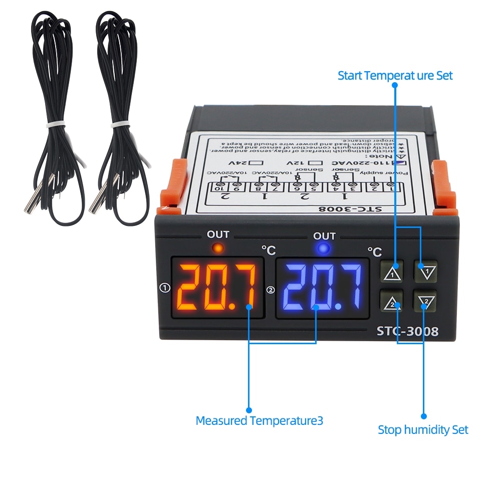 STC-3008 Dual Digital Temperature Controller two Relay Output Thermoregulator Thermostat With Heater Cooler 12V 24V 110-220V