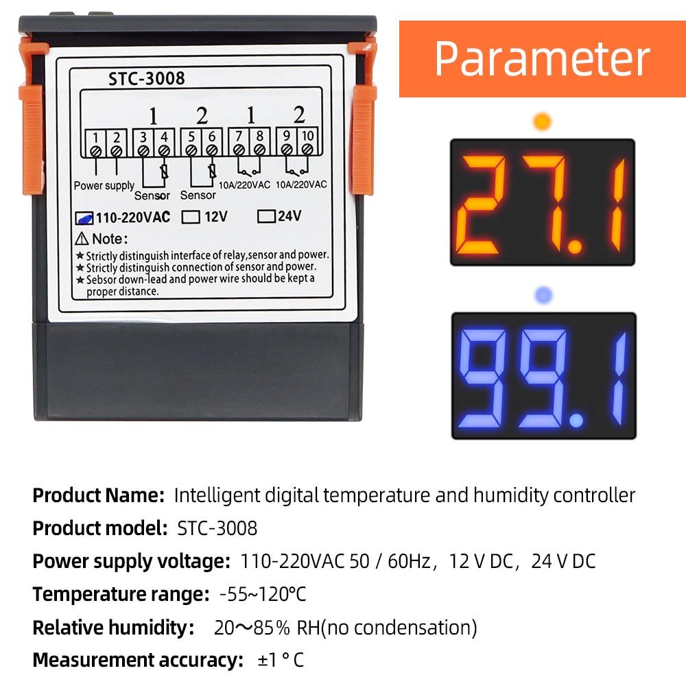 STC-3008 Dual Digital Temperature Controller two Relay Output Thermoregulator Thermostat With Heater Cooler 12V 24V 110-220V