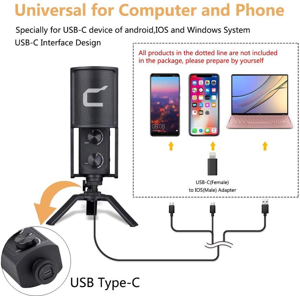 STM-USB Condenser Microphone for USB Type C Smartphone/Computer, Studio Recording Microphone for Live-Stream, Podcaster