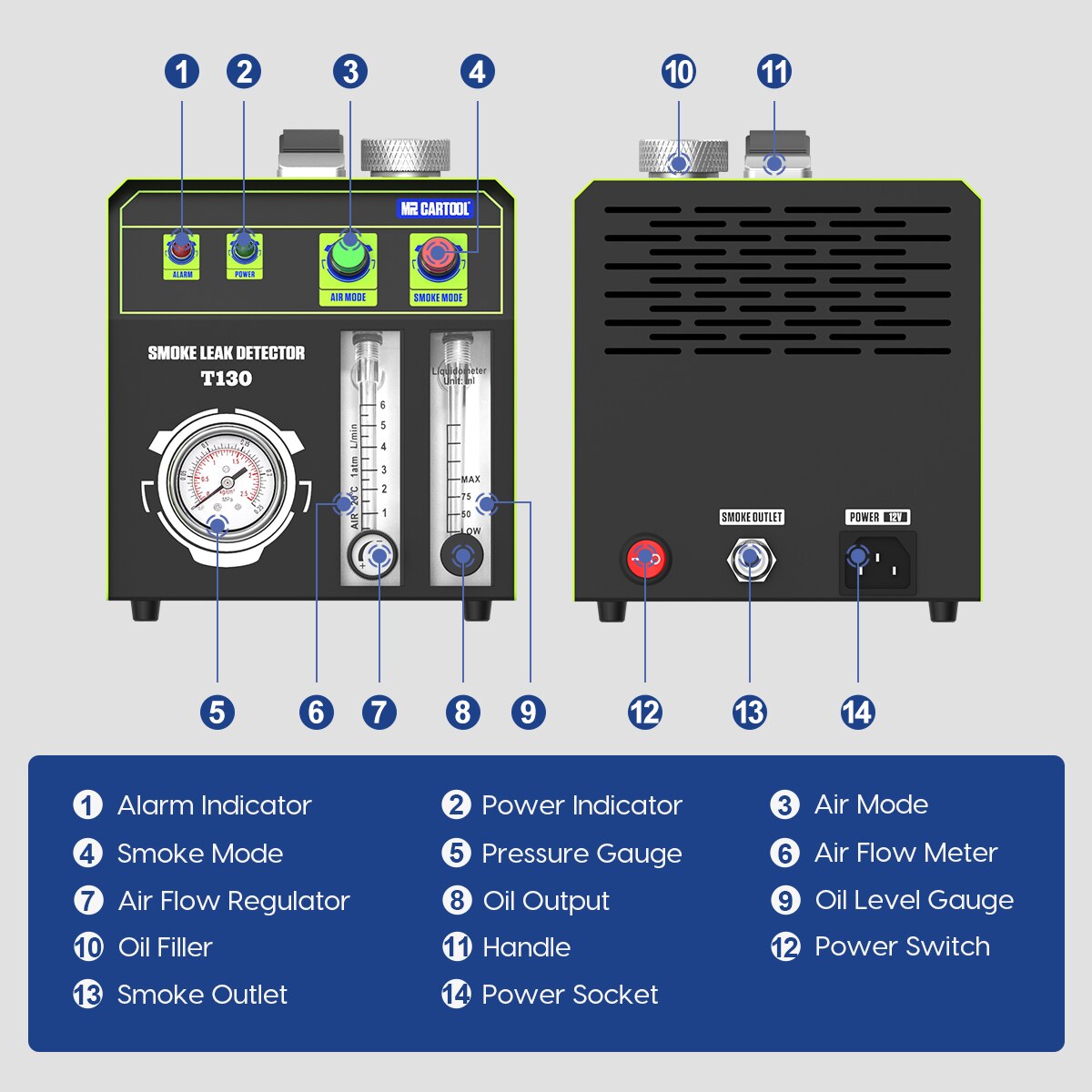 MR CARTOOL T130 EVAP Smoke Leak Tester Machine Automotive with Oil Level Gauge 12V Dual Mode Smoke EVAP Leak Detector