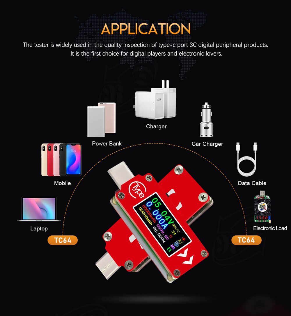 TC64 Type-C color LCD USB Power Meter Tester Digital Current Tester Voltage Detector, Capacity of Power Bank Type-C Tester