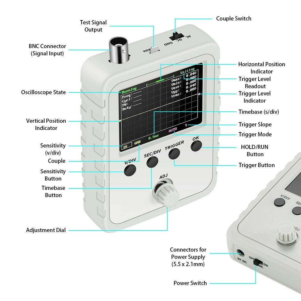 2.4" TFT Digital Oscilloscope Kit with Power Supply BNC-Clip Cable Probe DS0150 (Assembled Finished Machine) VS DSO138