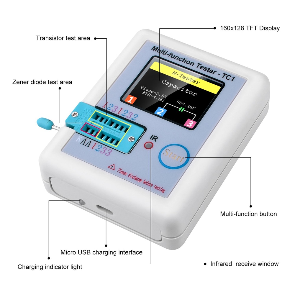 LCR-TC1 1.8" TFT LCD Display Multi-meter Transistor Tester Diode Triode Capacitor Resistor Test Meter MOSFET NPN PNP Triac MOS