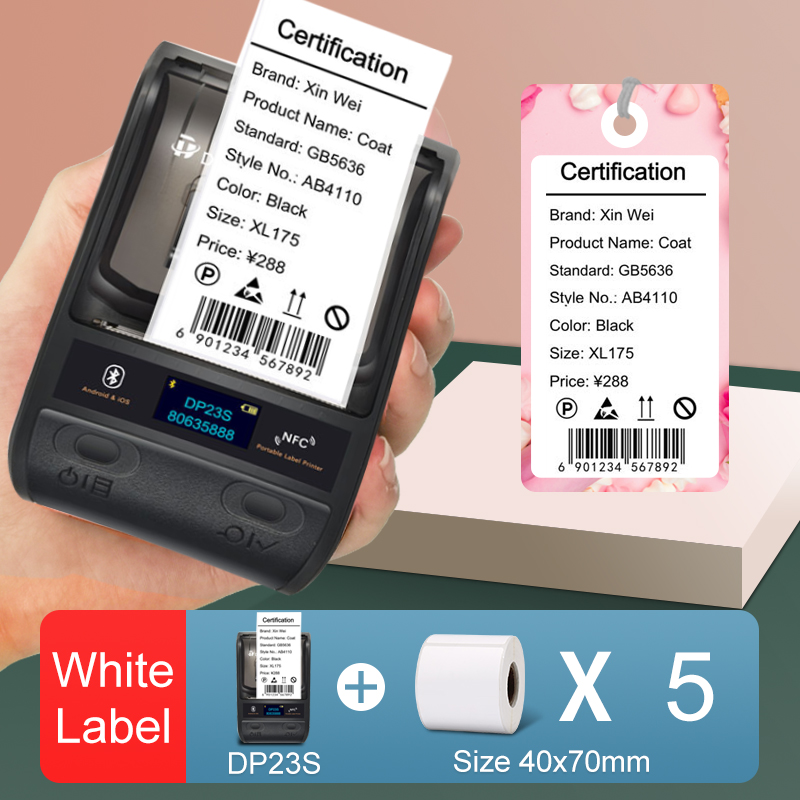 DP23S 20-50mmThermal Label Printer with 5 Rolls Paper Multifunctional Mini Adhensive Hand Barcode Sticker Maker