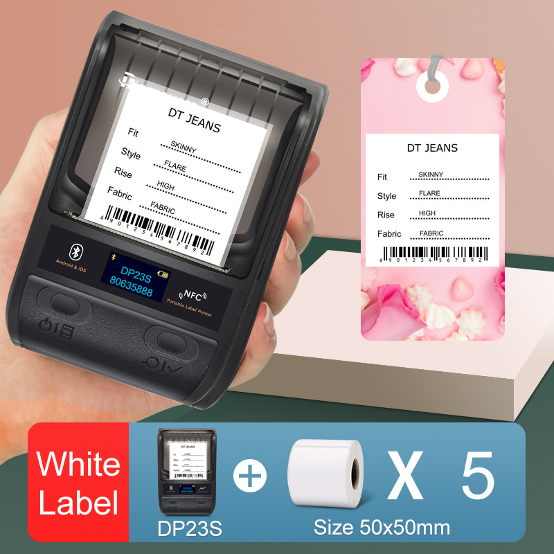 DP23S 20-50mmThermal Label Printer with 5 Rolls Paper Multifunctional Mini Adhensive Hand Barcode Sticker Maker