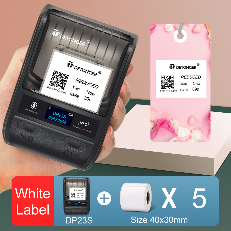 DP23S 20-50mmThermal Label Printer with 5 Rolls Paper Multifunctional Mini Adhensive Hand Barcode Sticker Maker