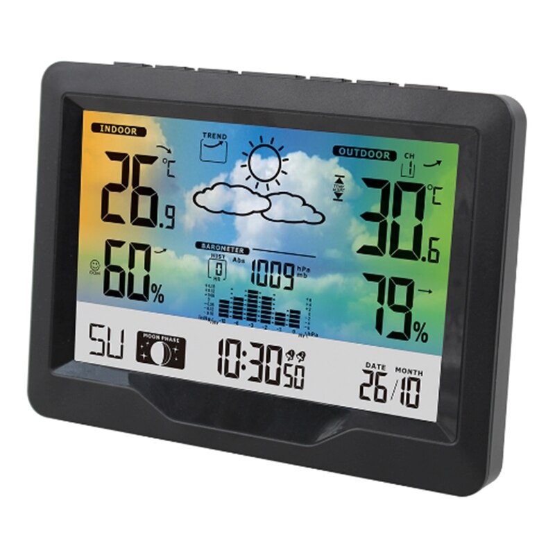Wireless LCD Digital Weather Station Indoor Outdoor Thermometer Hygrometer Wall Barometer MoonPhase Weather Forecast Alarm Watch