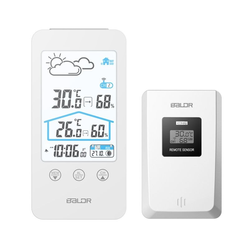 Touch Screen Wireless Thermometer Hygrometer Indoor Outdoor Weather Station Weather Forecast Moon Phase Calendar Snooze Alarm