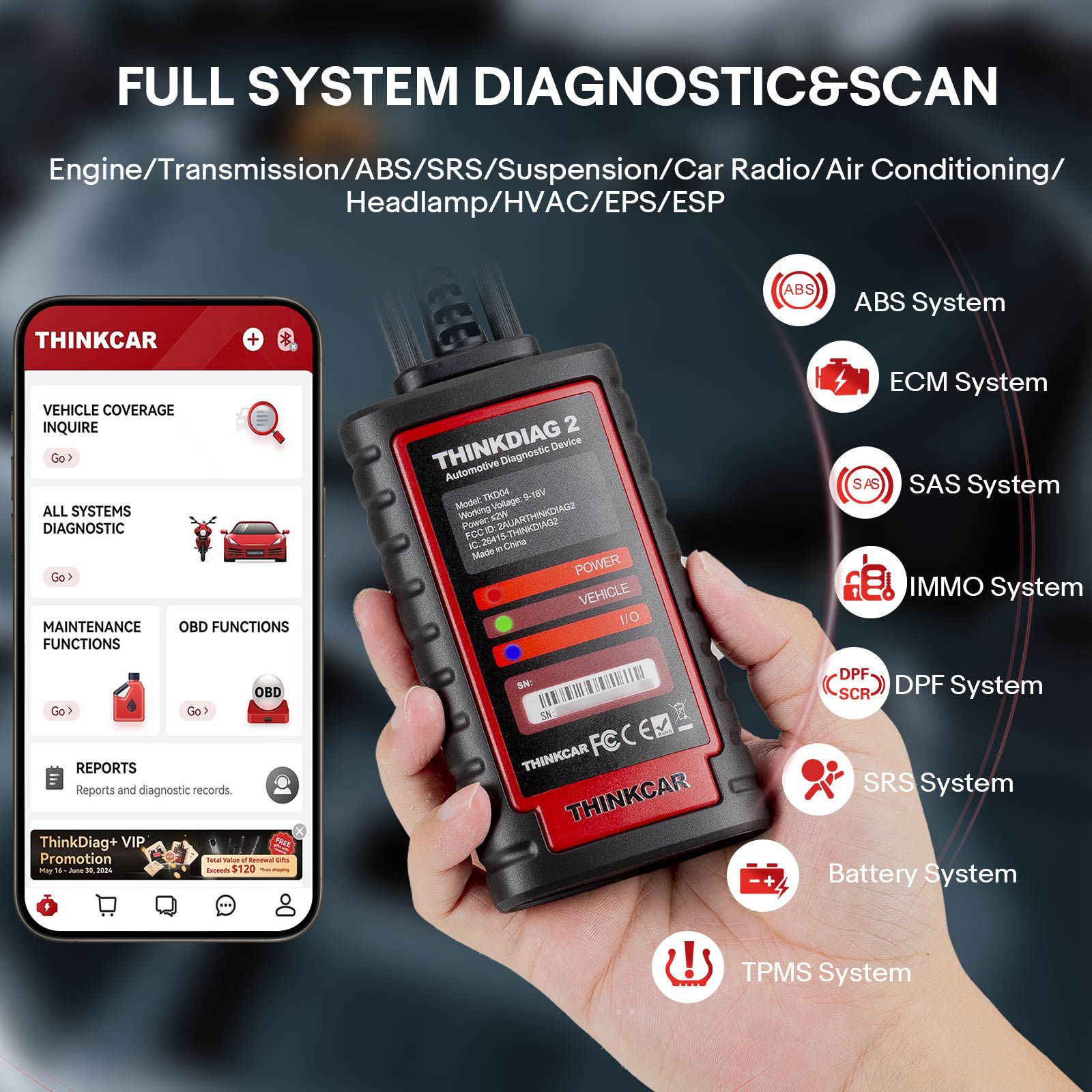 THINKCAR Thinkdiag2 All System Bidirectional Diagnostic Scanner with CAN-FD Protocol Auto VIN ECU Coding 15+ Reset Functions Free Update for One Year
