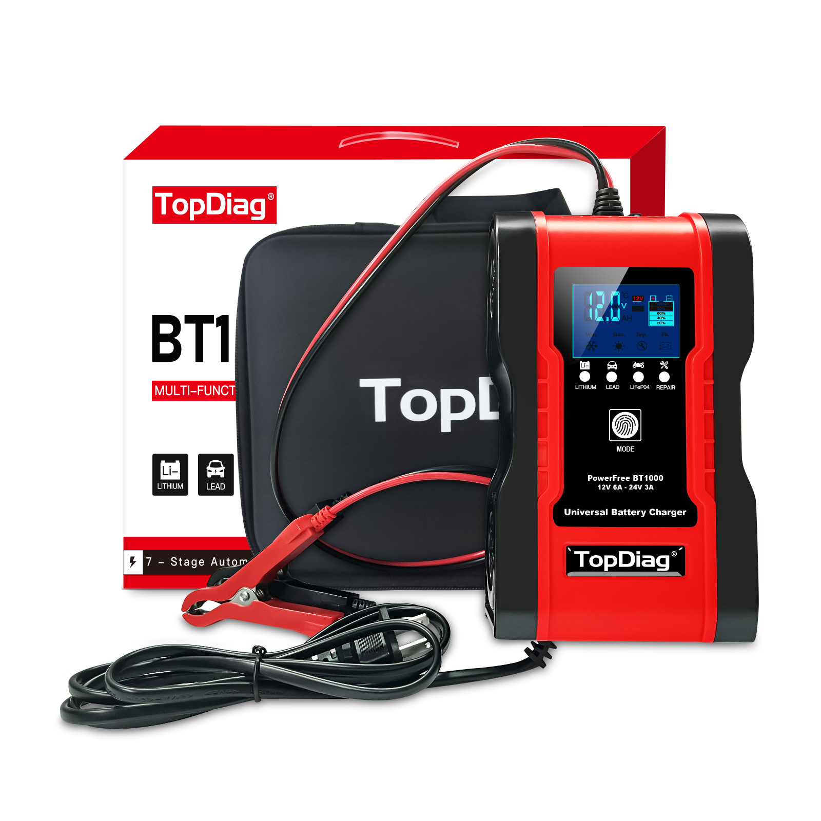 TopDiag BT1000 12V 24V 6A Car Battery Charger Pulse Repair 7-stage Charger for GEL WET AGM 12.6V Lithium LiFePO4 LiPo Battery