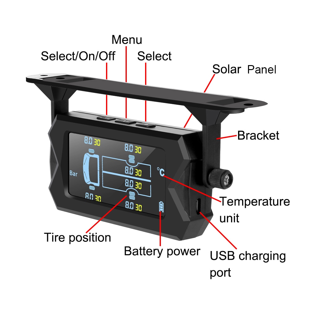 Truck Car Tire Pressure Monitoring System TPMS Solar Charge with 6 External Sensor LCD Display Tyre Temperature Alarm Monitor