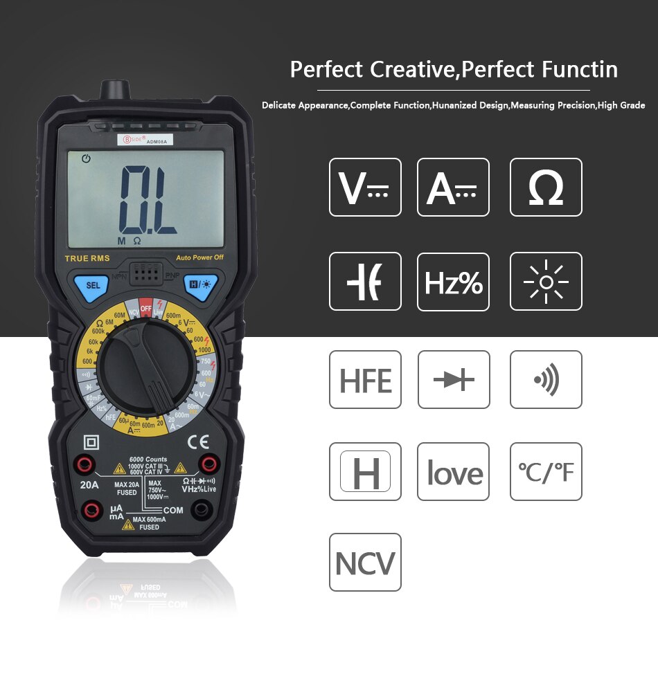 True RMS Digital Multimeter ADM08A/D profession DC AC Auto Range/Manual Ammeter Voltmeter Capacitor Ohm Hz DIY NCV Tester ESR Meter