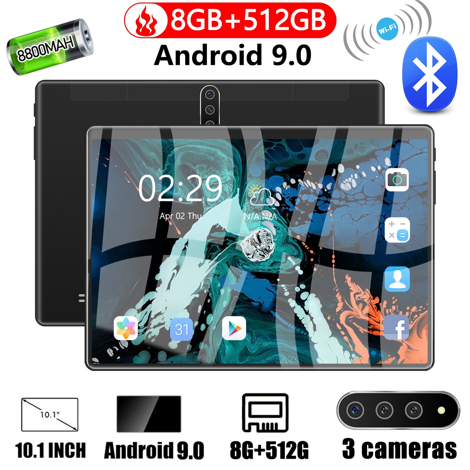 New X102 10.1'' Tablet PC 2560*1600 8800mAh 5G WiFi 4G LTE 10 Core 8GB RAM 512GB ROM Android 9.0 Type-C 8MP+16MP Camera Tablets