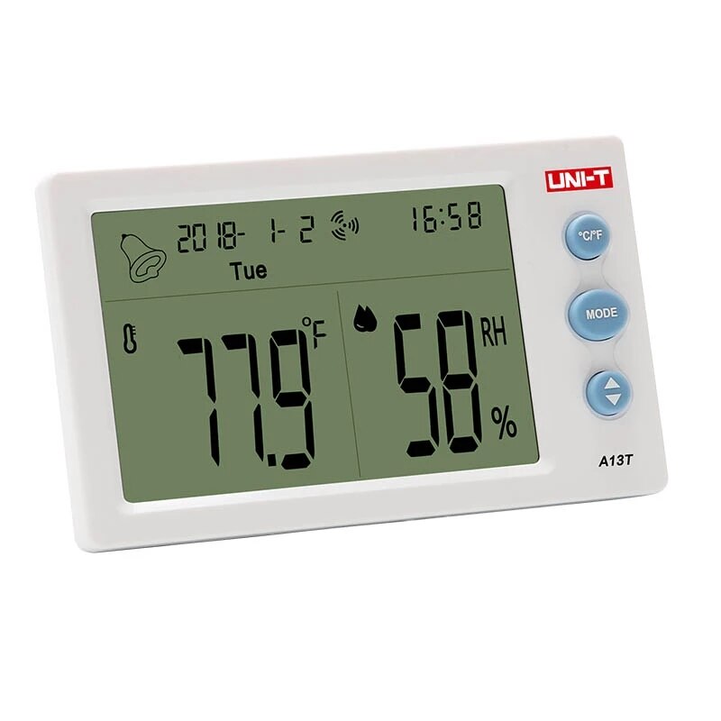 UNI-T A13T Temperature Humidity Meter; Indoor temperature and humidity table, time/date/week/temperature humidity display