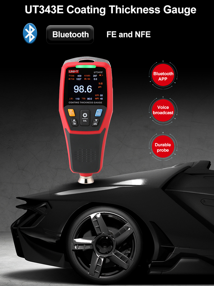 UNI-T Digital Car Paint Thickness Gauge UT343E 2000µm Coating Meter Paint Tester With Bluetooth Flashlight
