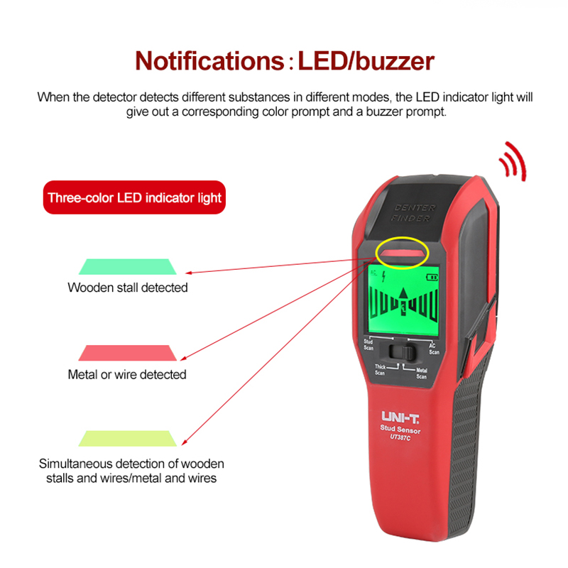 UNI-T UT387C Wall Scanner Detector Non Ferrous Metal Stud Finder AC Voltage Live Wire Wood Detect Copper With Buzzer Indication