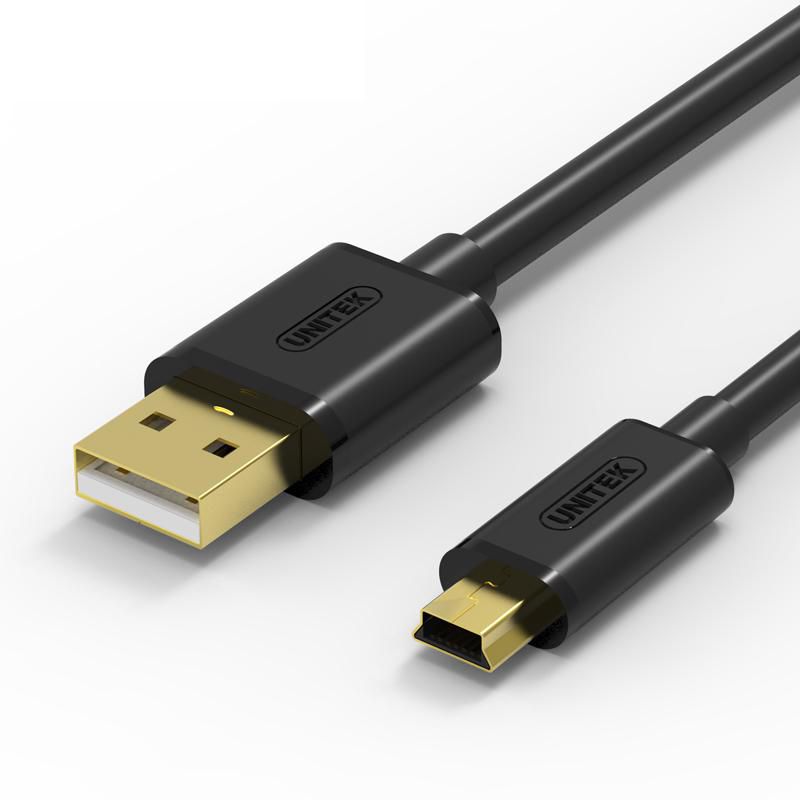 UNITEK Top Quality USB Cable USB 2.0 Mini 5pin data Cable- A Male to 5Pin B Male Cable(3M)-High-Speed with Gold-Plated Connectors - Black